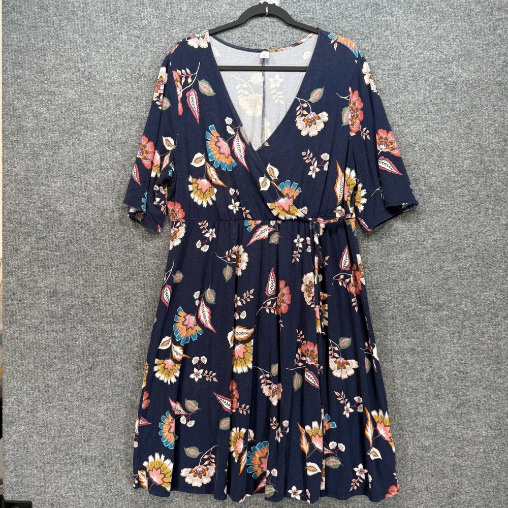 Old Navy Midi Dress Womens 1X Blue Floral Jersey Knit Faux Wrap Casual Plus Size